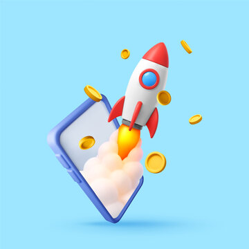 3d rocket launching from smartphone with flying gold coins. Business startup growth concept. Digital mobile money investment and financial success. Online marketing project launch strategy.