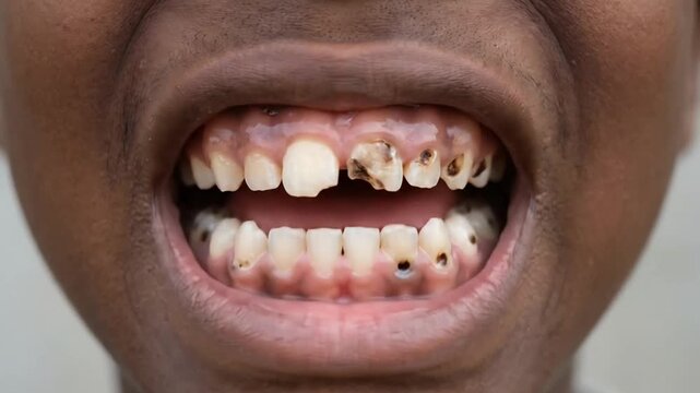 Close-up of a person with decayed teeth displaying different expressions of dental health issues