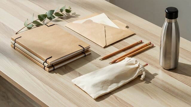 Stacked books with pen and notebook on wooden table