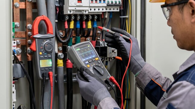 Electrician using a digital oscilloscope and clamp meter to test an industrial electrical panel with colorful wires.