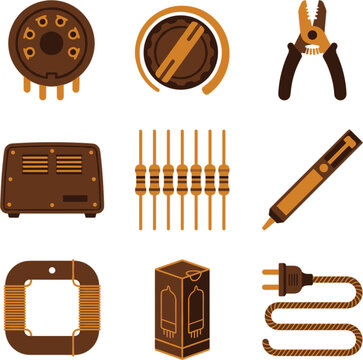 Collection of vintage electronic components and tools, set of retro radio parts, vacuum tubes, resistors, transformer, power plug, pliers, and potentiometer, brown and orange color palette, digital