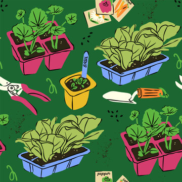 Spring Garden concept. Gardening tools, sprouts, green baby plants, seedlings, seeds, containers, pots, soil. Equipment for replanting plants. Hand drawn Vector illustration. Square seamless Pattern