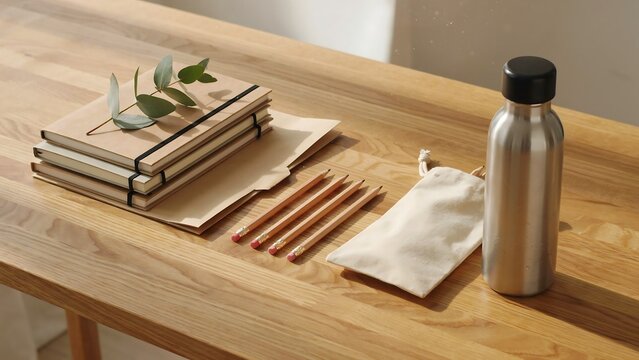Stacked books with stationery on wooden desk