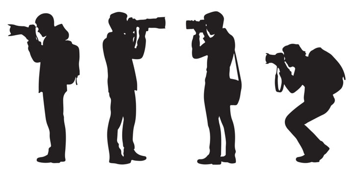 Black silhouettes of travel photographers carrying backpacks and heavy gear while standing in various positions for outdoor photography.