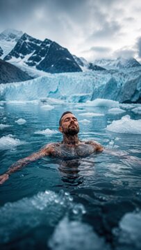 Male figure with tattoos floating in icy water surrounded by glaciers and mountains, showcasing a cold plunge experience in a remote natural setting