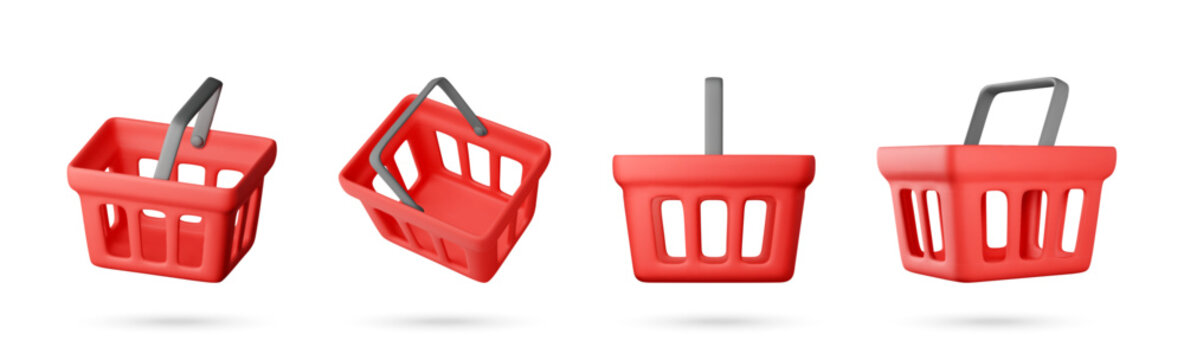 Red 3d shopping basket set from different angles. Empty cart for grocery store supermarket and retail shop. Icon of plastic container for consumer purchase and marketing element.