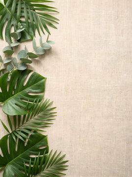 Tropical monstera and palm leaf summer background