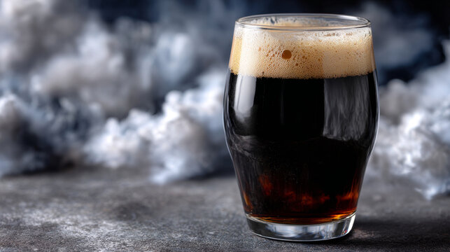 Dark beer stout glass, frothy head. Mysterious cloudy background provides an elegant setting. Refreshing drink encourages calm indulgence, perfect for cozy evening enjoyment