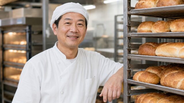 Asian male baker in white chef uniform smiles while leaning against a rack filled with freshly baked bread rolls in a modern bakery kitchen