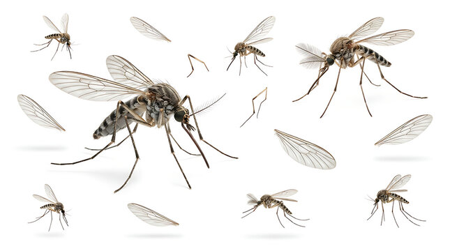 mosquitoes on a white background. Center: a large mosquito in profile with spread wings, clearly showing its body, legs, and proboscis