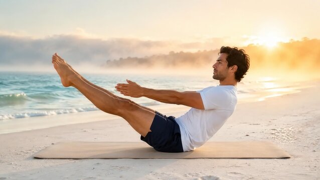 Man Practicing Pilates Teaser Pose On Mat At White Sand Beach During Sunrise