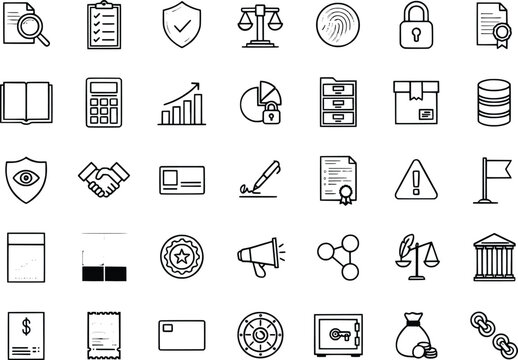 Collection of various icons representing business security technology and legal concepts