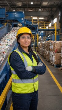 Female blue collar worker wearing safety gear and yellow hard hat stands confidently in a recycling facility with machinery and cardboard bales in the background
