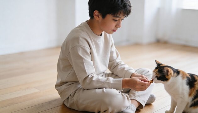 Young Asian boy feeding a calico cat on a wooden floor. Child giving a treat to his pet at home. Bonding and pet care concept