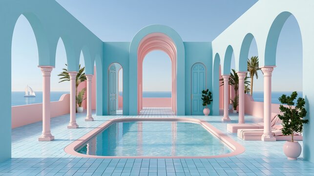 Minimalist pastel blue and pink arched pool scene with ocean view