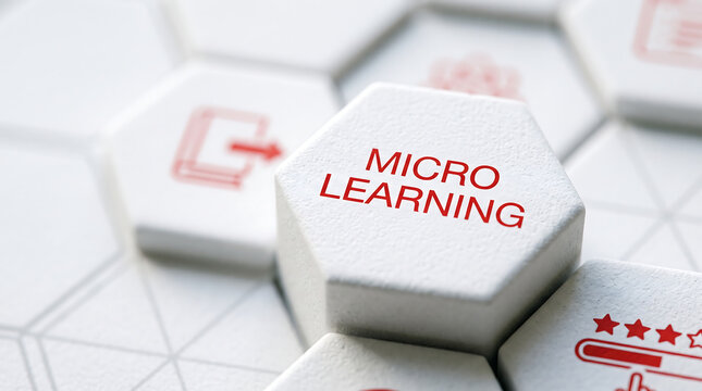 White hexagonal blocks spelling microlearning concept for digital education and corporate training modules strategy