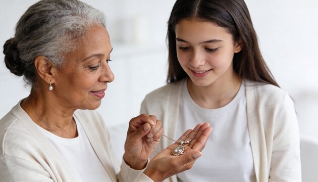 Senior grandmother showing a vintage necklace to her granddaughter. African American elderly woman and young girl looking at a silver pendant heirloom. Intergenerational bonding concept