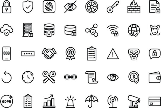 Collection of various technology security and business concept icons with transparent background