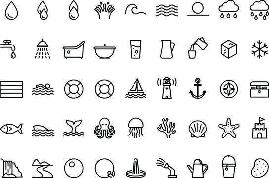 Collection of water related icons with marine life and weather elements