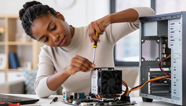 Young Black woman assembling a desktop computer. Female technician installing a CPU cooler on a motherboard with a screwdriver. Computer hardware repair and maintenance concept