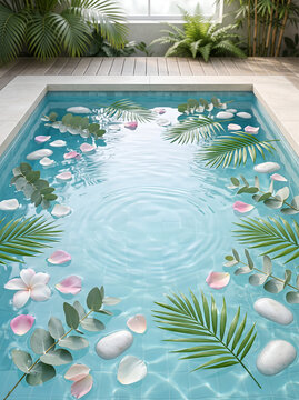 Tropical spa pool with floating flowers and leaves summer background