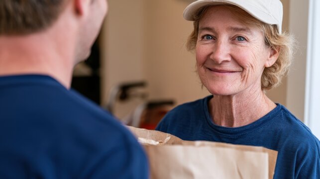 Senior woman with short blonde hair wearing a cap smiles while receiving a paper bag from a delivery person inside a well-lit home environment