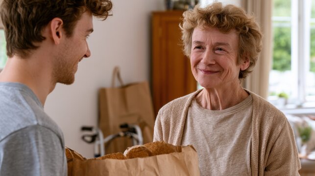 Young man hands a bag of fresh bread to an elderly woman inside a cozy home, with natural light streaming through the window and a warm atmosphere