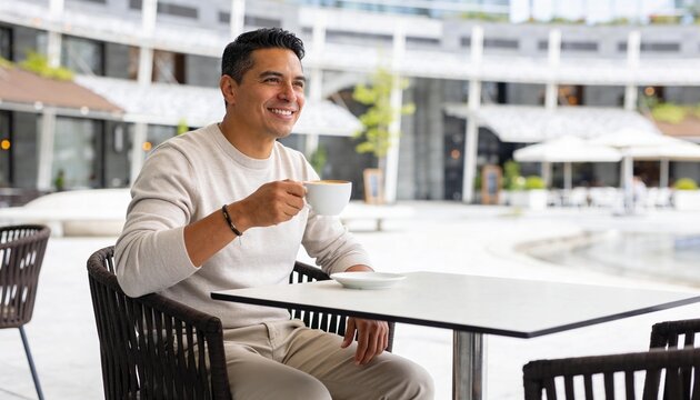 Smiling Hispanic man enjoying a cup of coffee at an outdoor cafe. Happy adult male taking a break in a modern urban plaza. Lifestyle portrait of a man with a latte at a restaurant terrace