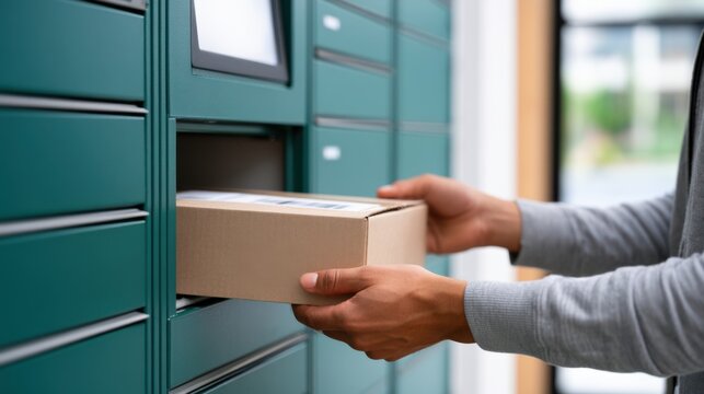 Individual retrieving a brown cardboard package from a green delivery locker with a digital screen in a modern indoor setting