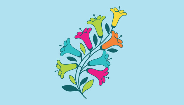 Vibrant bouquet of trumpet flowers in yellow, orange, blue, green, and pink colors growing on a green leafy branch.