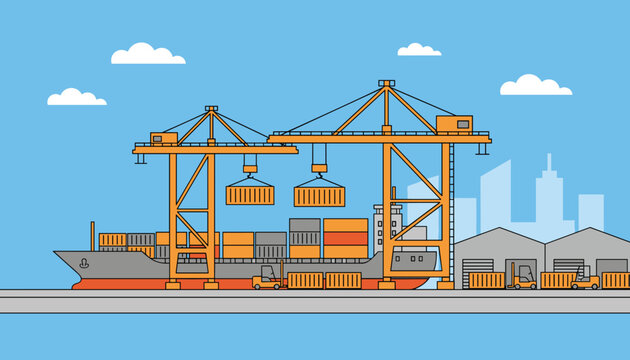 Industrial seaport cargo terminal with huge cranes loading multicolored containers onto a large container ship.
