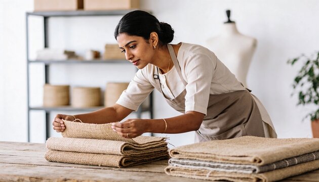 South Asian woman artisan working with burlap fabric in a textile studio. Female designer folding natural jute material on a wooden table. Sustainable fashion and craftsmanship concept