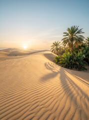 Beautiful desert oasis with palm trees and sand dunes at sunrise summer background