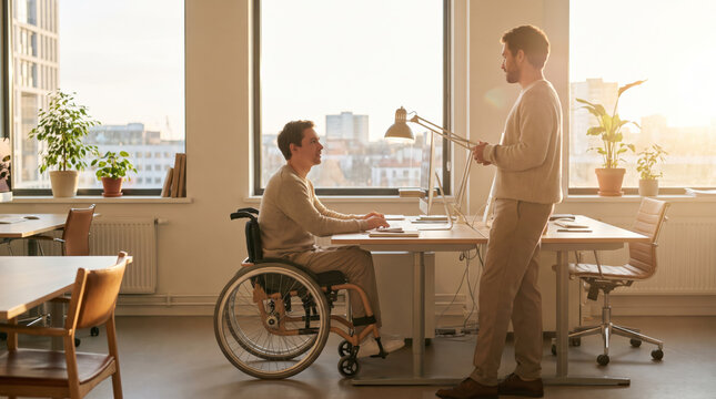 Male wheelchair user consulting standing colleague at accessible office desk. Concept of inclusive workplace consulting, accessible coworker communication, disability career support.