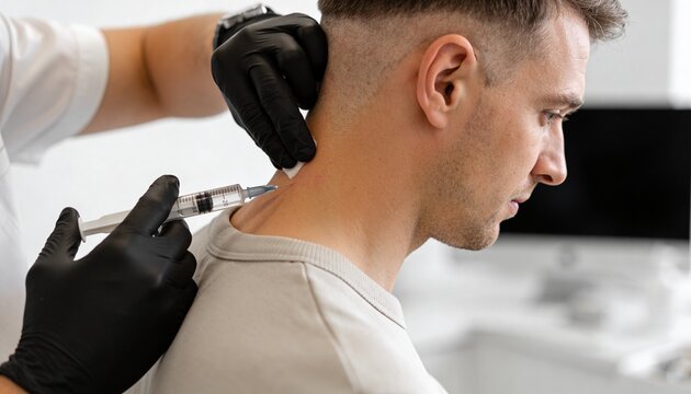 Medical professional giving an injection to a male patient's neck. Healthcare procedure in a clinic setting. Pain relief therapy