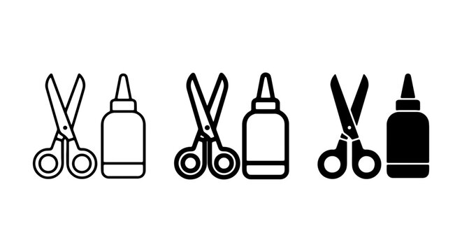 Scissors and Glue Icons Set, Crafting Tools Vector Graphics, DIY Supplies Symbols