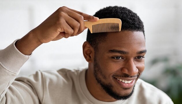 Smiling Black man combing his hair with a wooden comb. Young African American male grooming his short curly hair. Self-care and morning routine concept