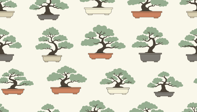 Beautiful aesthetic seamless pattern featuring various bonsai trees in ceramic pots, japanese garden art background.