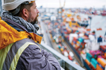 Fototapeta premium An engineer wearing a hard hat gazes down on a bustling shipping yard with colorful containers, representing the complexity of maritime operations and logistics.