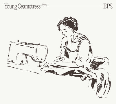 Young Seamstress Focused On Sewing Machine, Hand Drawn Sketch Illustration