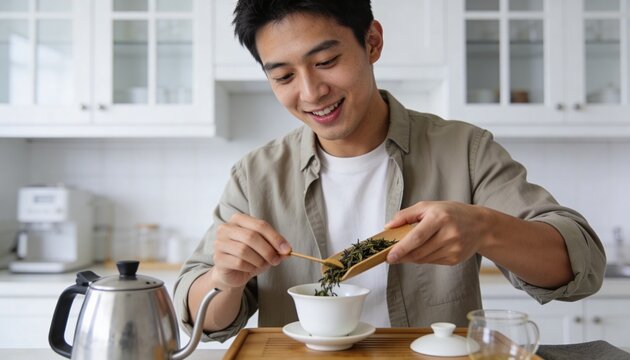 Young Asian man preparing traditional green tea in a gaiwan. Smiling male brewing loose leaf tea in a modern kitchen. Mindfulness and healthy lifestyle concept. Tea ceremony ritual at home