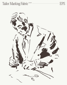 Tailor Marking Fabric On Cutting Table, Hand Drawn Sketch Illustration