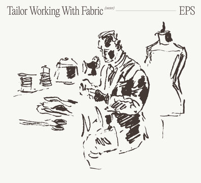 Tailor Working With Spools And Fabric In Atelier, Hand Drawn Sketch Illustration