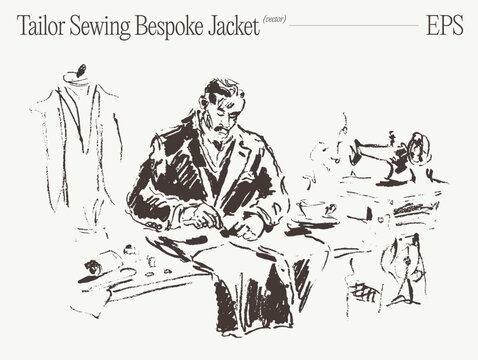 Tailor Sewing Bespoke Jacket In Atelier, Hand Drawn Sketch Illustration