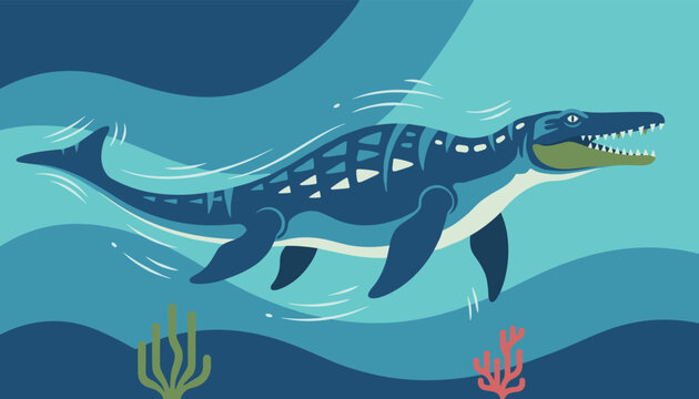Ancient marine dinosaur mosasaur swimming gracefully through the deep blue ocean water near colorful sea plants.