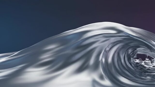 Large cresting wave composed of molten silver liquid metal with smooth reflective chrome surfaces and fluid motion flowing against a dark purple and blue gradient background.