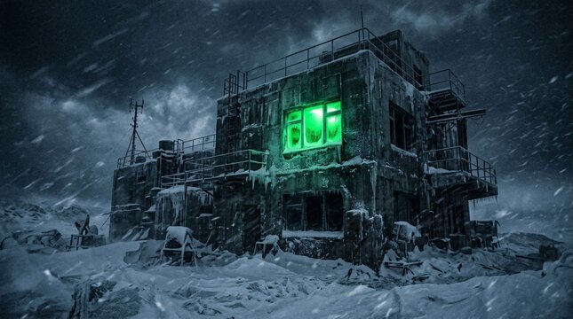 Desolate concrete research outpost stands during a fierce winter blizzard with a single window glowing neon green in the frozen landscape.