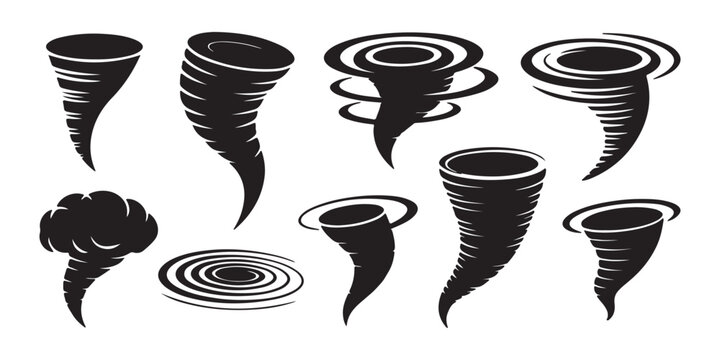 Dynamic tornado vortex shapes and whirlwind silhouette graphics for meteorological design projects.