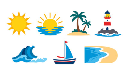 Obraz premium Summer beach and ocean travel icon set in flat vector style
