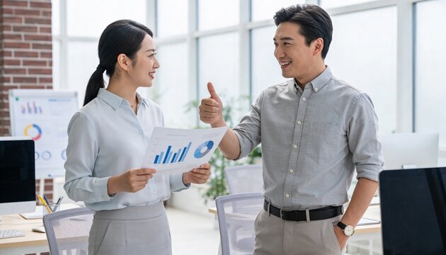 Asian business professionals discussing financial report in office. Smiling man giving thumbs up gesture to woman holding charts. Teamwork and positive feedback concept